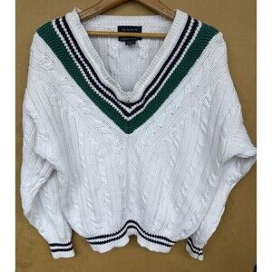 Vtg GANT Cricket Sweater Mens L White Cable Knit V-Neck Tennis Varsity Stripe